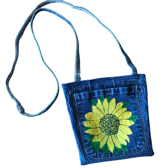 Denim Crossbody Bag: Sunflower Theme Handmade Jean Purse, Cell Phone Holder - Picture 1 of 11